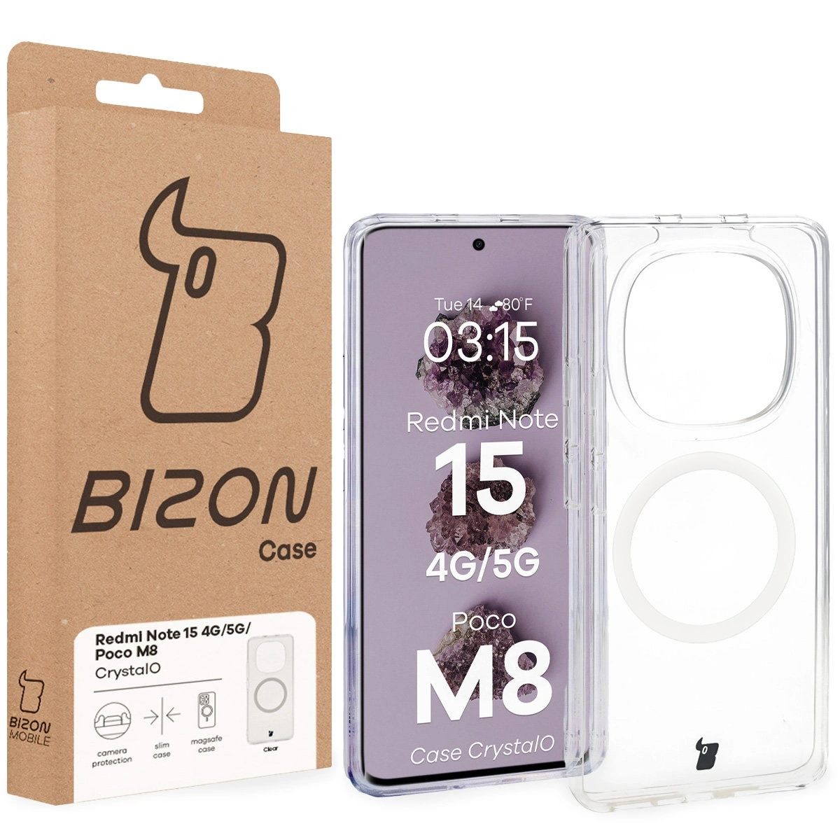 Przód pudełka Bizon Case z dedykowaną etykietą do Xiaomi Redmi Note 15 / Xiaomi POCO M8 5G
